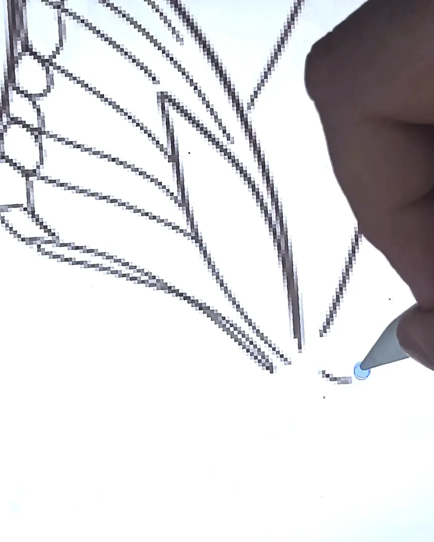 Time-lapse in Adobe Fresco: la linea bruna su capelli, trench e farfalla