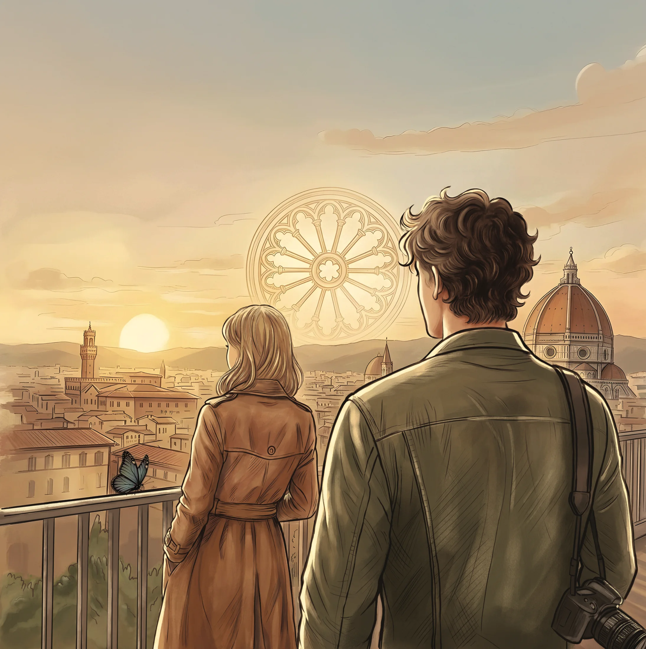L’illustrazione definitiva: i due protagonisti di spalle davanti a Firenze al tramonto, con il rosone nel cielo