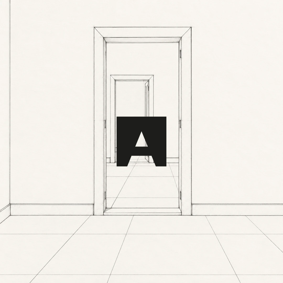 Restituzione illustrata di un ambiente con monogramma nero