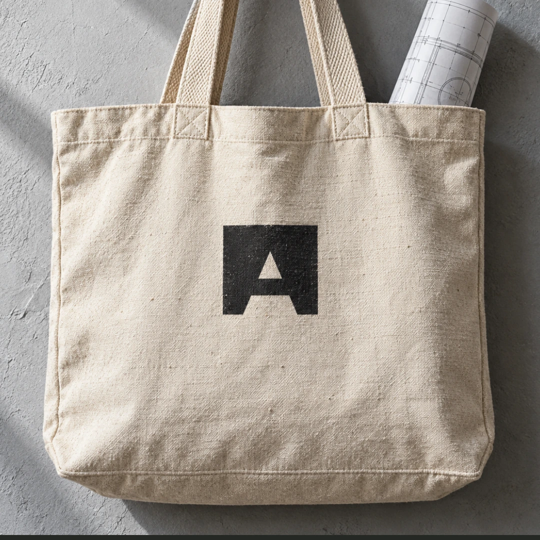Bag in tela con monogramma e rotoli da disegno