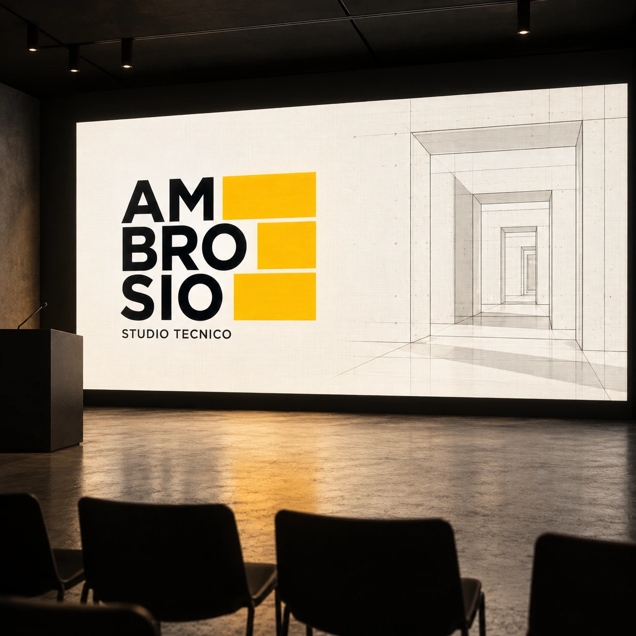 Concept dell’identità Ambrosio sullo schermo di una sala conferenze