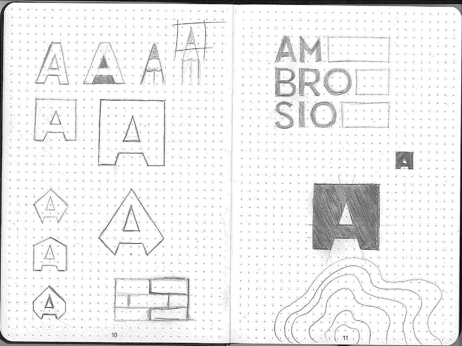 Scansione originale del quaderno: primi schizzi a matita della A, del monogramma e del logotipo Ambrosio