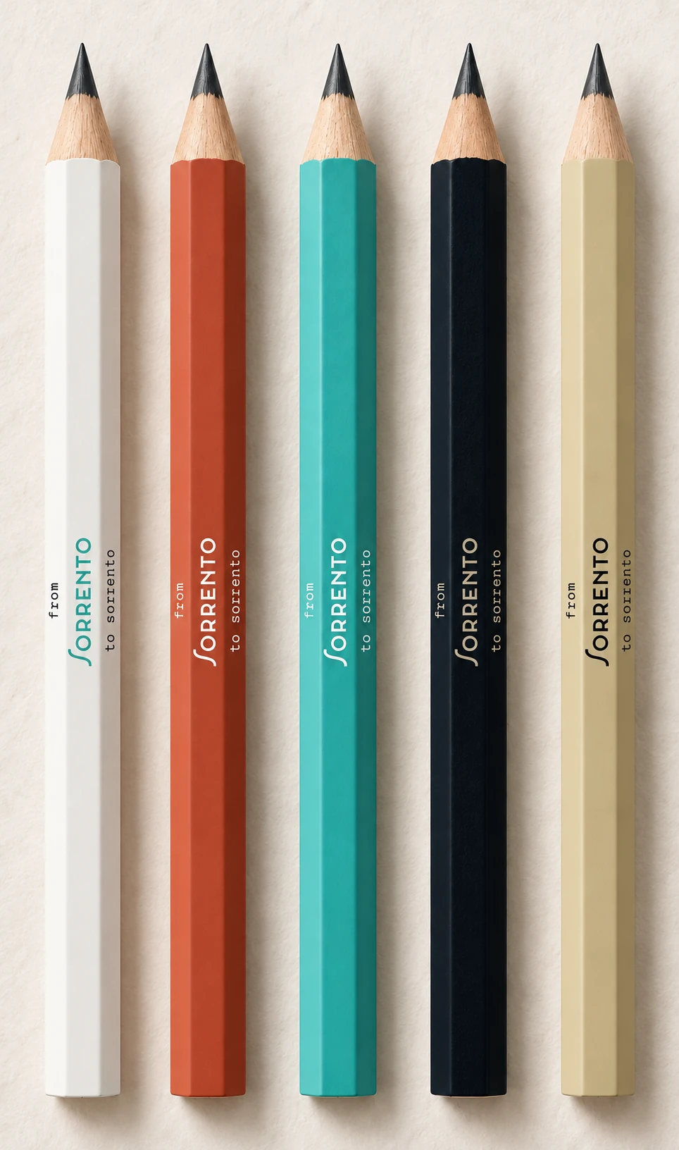 Cinque matite bone, terracotta, teal, ink e sabbia, con logotipo disposto sulle facce