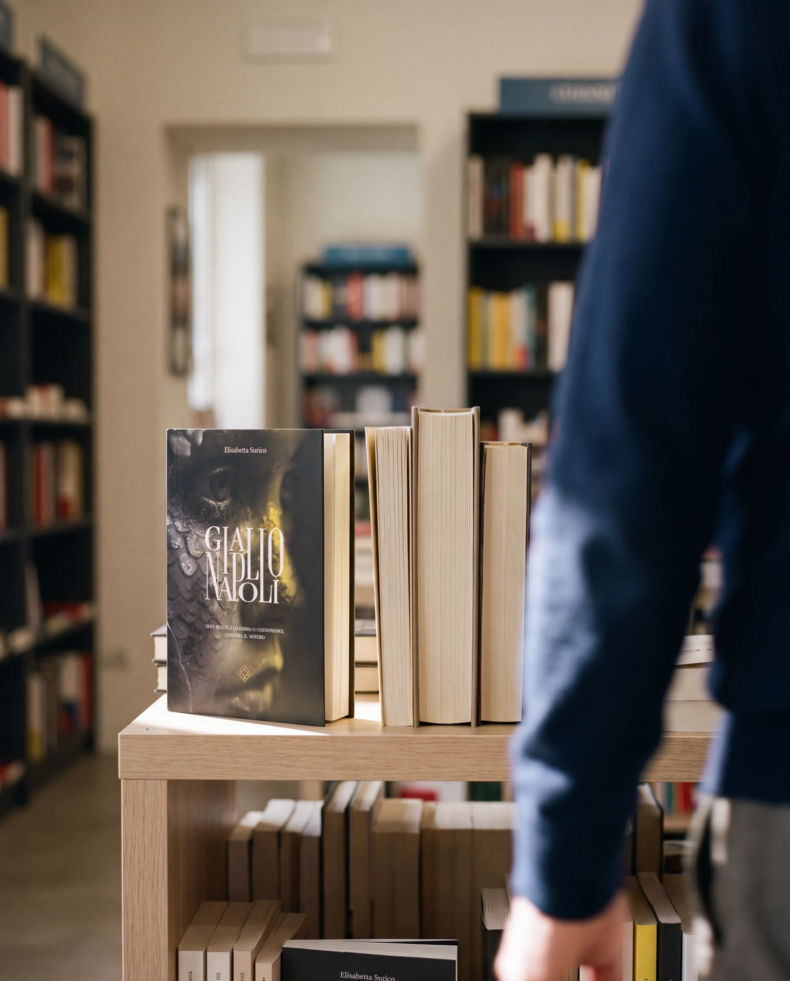 Il libro esposto in libreria mentre un lettore attraversa l’inquadratura