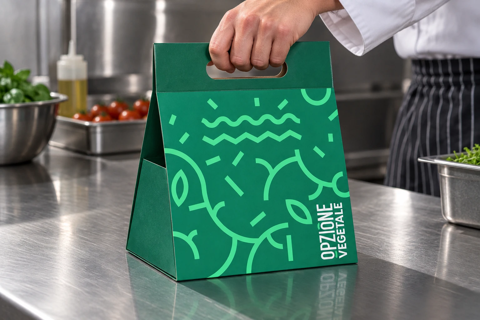 Confezione OV con maniglia e pattern, tenuta dallo chef sul banco in acciaio