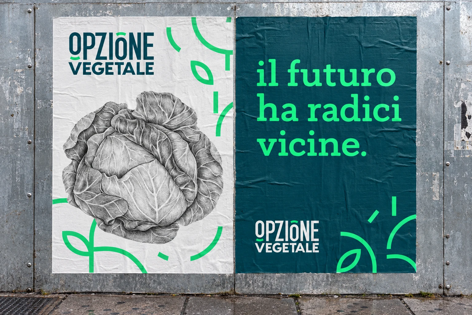 Due manifesti OV su lamiera: botanica del cavolo e messaggio Il futuro ha radici vicine