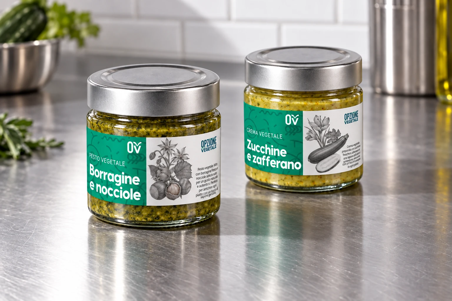 Concept dei vasetti Borragine e nocciole e Zucchine e zafferano su un banco in acciaio